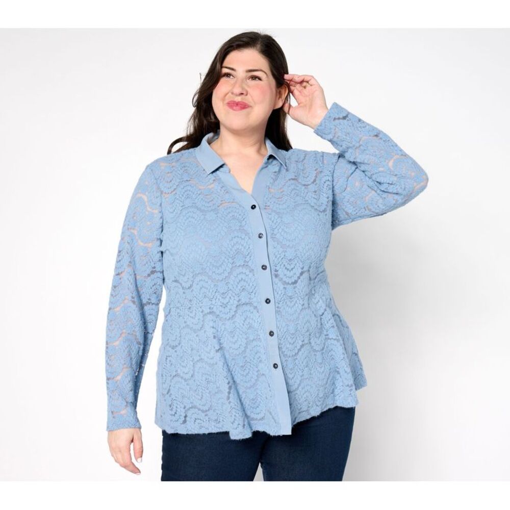 Susan Graver Women's Top Sz XL Occasions Brushed Lace Button-Front & Gray